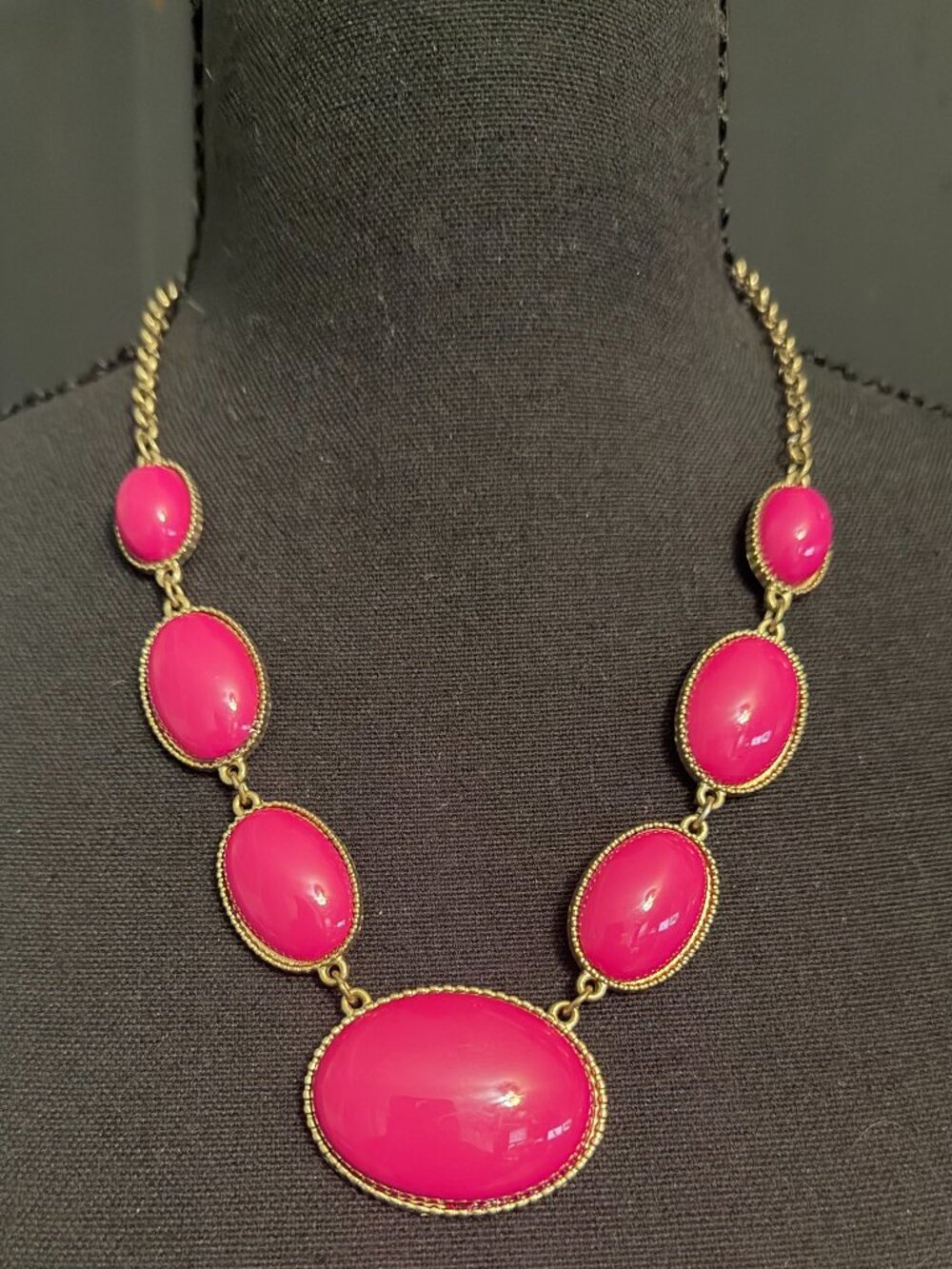 Gold Pink Cabochon Statement Bib Necklace Chunky
